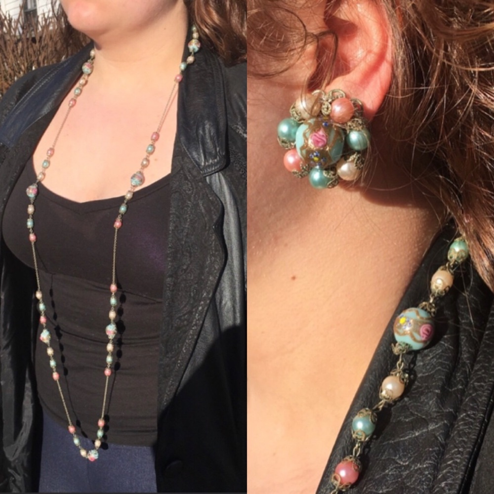 Vintage Pastel Bauble Necklace & Earring Set! EUC!